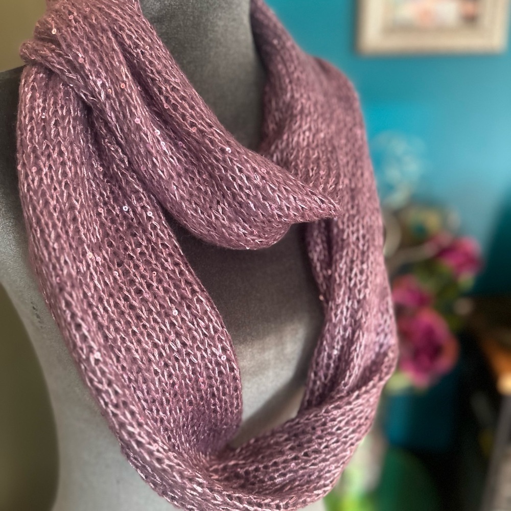 Elegant Purple Knit Infinity Scarf With Sequins